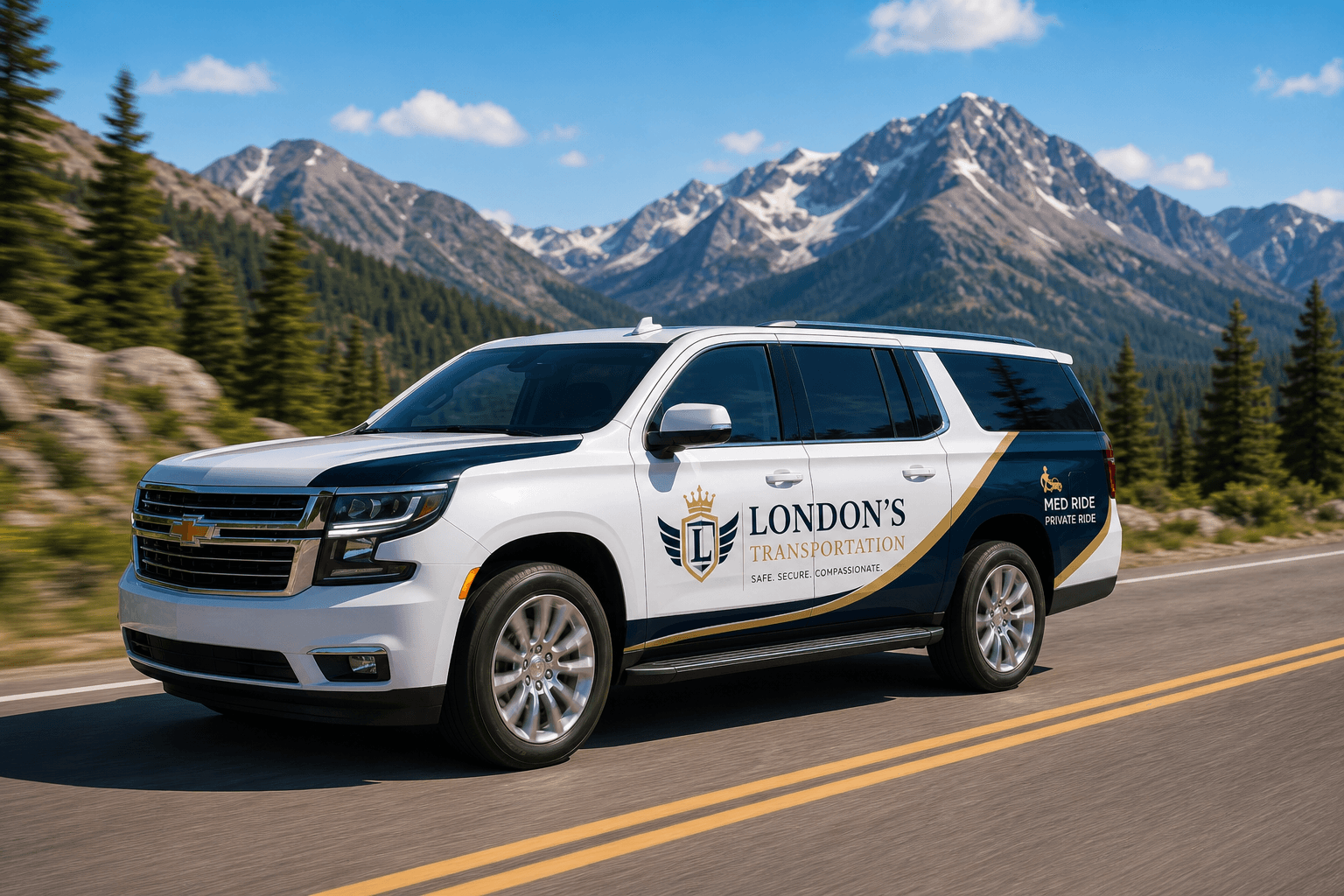 Branded white SUV driving on mountain highway