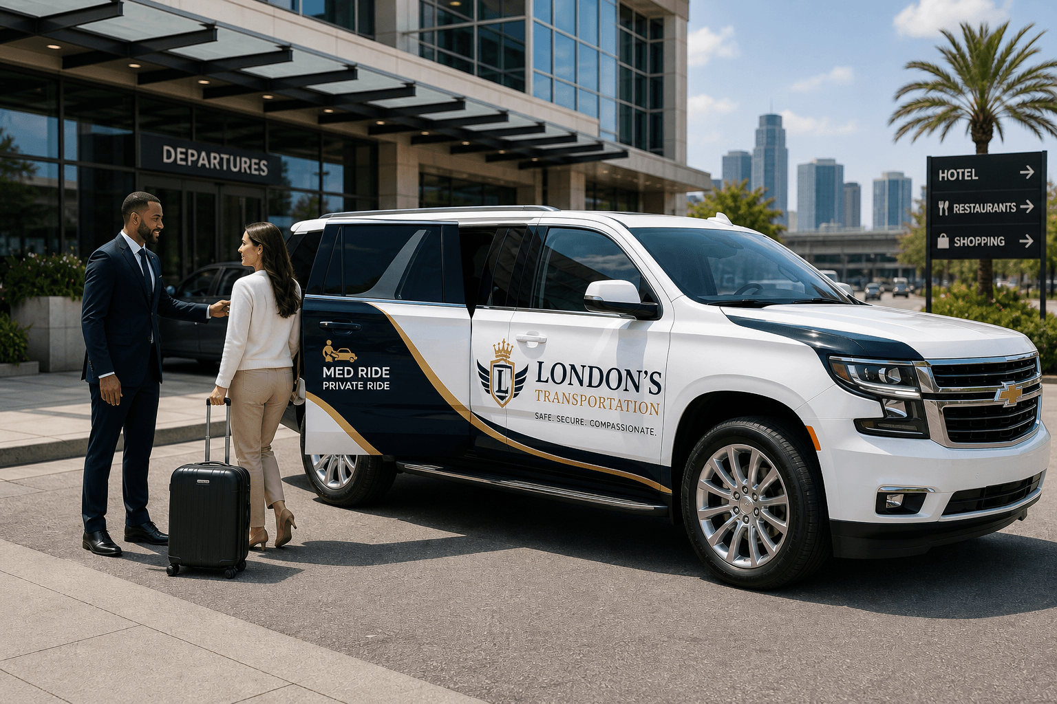 Private Transportation SUV at airport departures with chauffeur