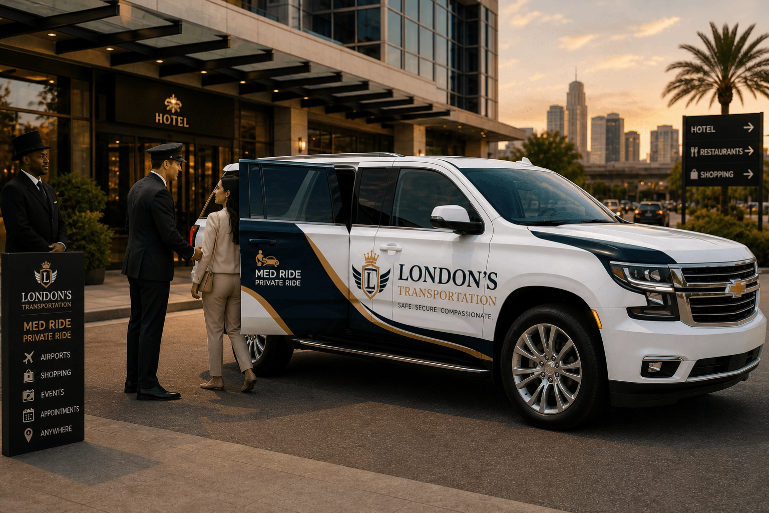 Private Transportation SUV at luxury hotel porte-cochere
