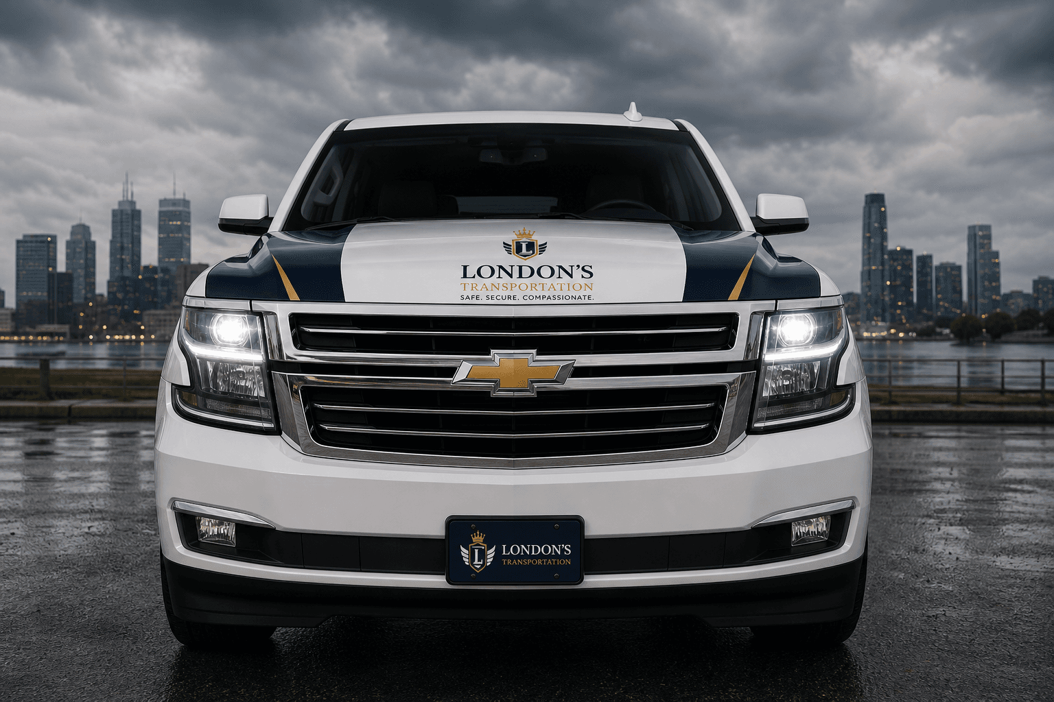 Dramatic low-angle view of branded white SUV
