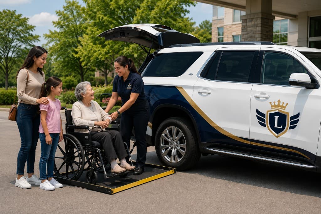 Caregiver and family with passenger boarding London's Transportation wheelchair-accessible SUV