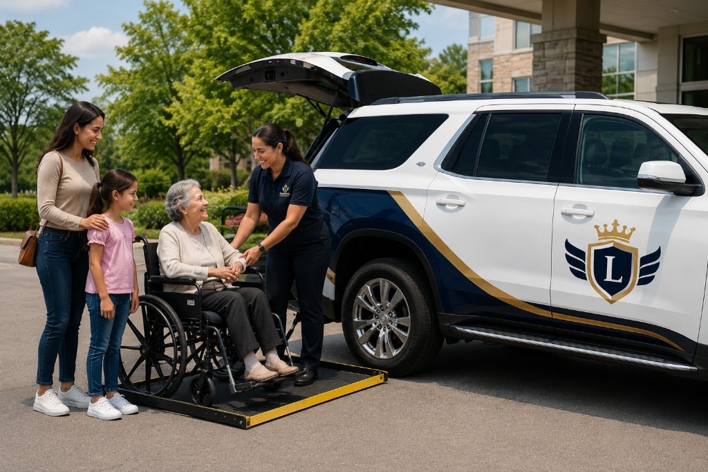 Caregiver assisting a passenger onto a London's Transportation wheelchair-accessible SUV