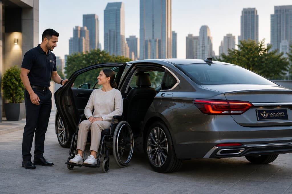 Driver assisting a passenger in a wheelchair into a London's Transportation vehicle